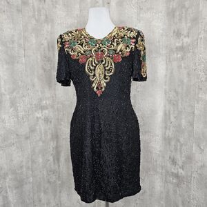 Vintage 80s Scala Womens XL Beaded‎ Evening Formal Cocktail Dress Drag Holiday